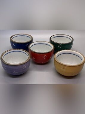 Set of 5 Colorful Ceramic Sauce Bowls - Red, Blue, Green, Purple, Yellow NWOT